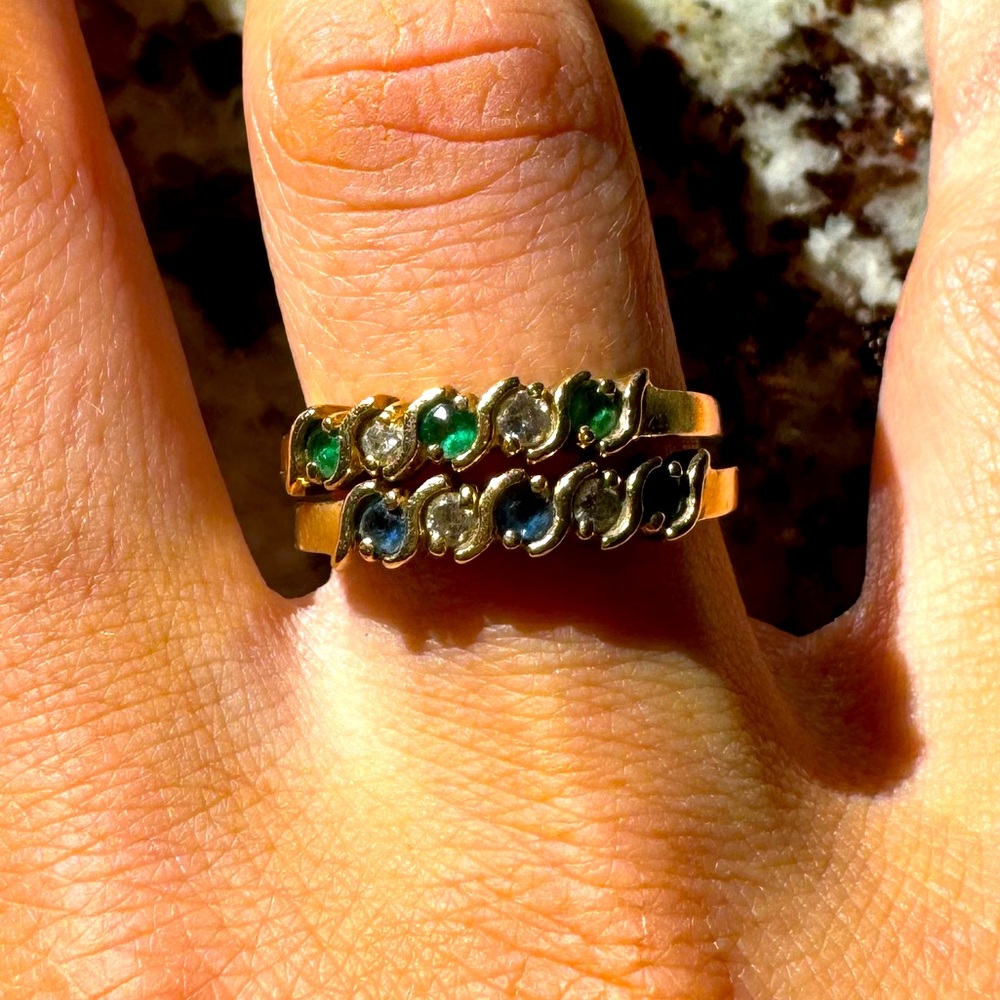 2 separate 14k yellow gold diamond sapphire and emerald bands.